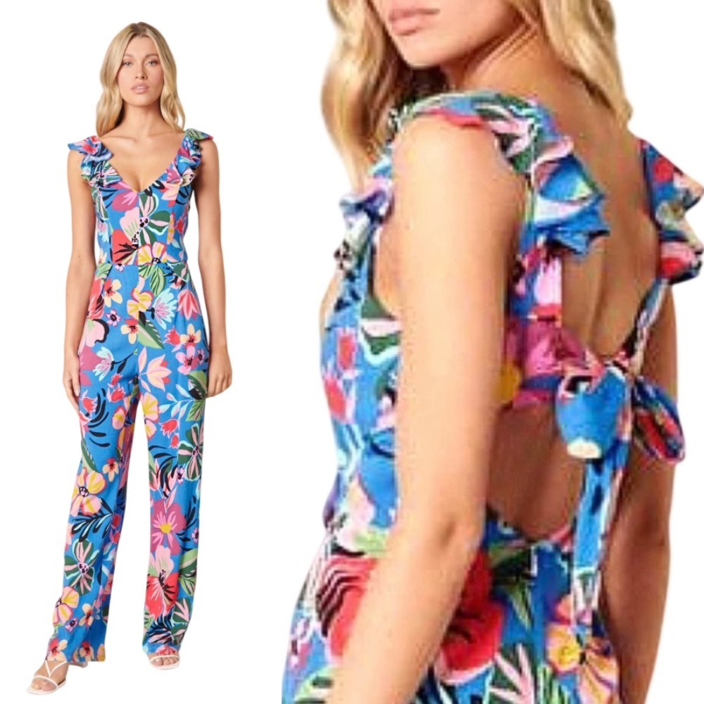 SUGARLIPS Inez Tropic Floral Ruffle V-Neck Tie Back Jumpsuit - Size XS